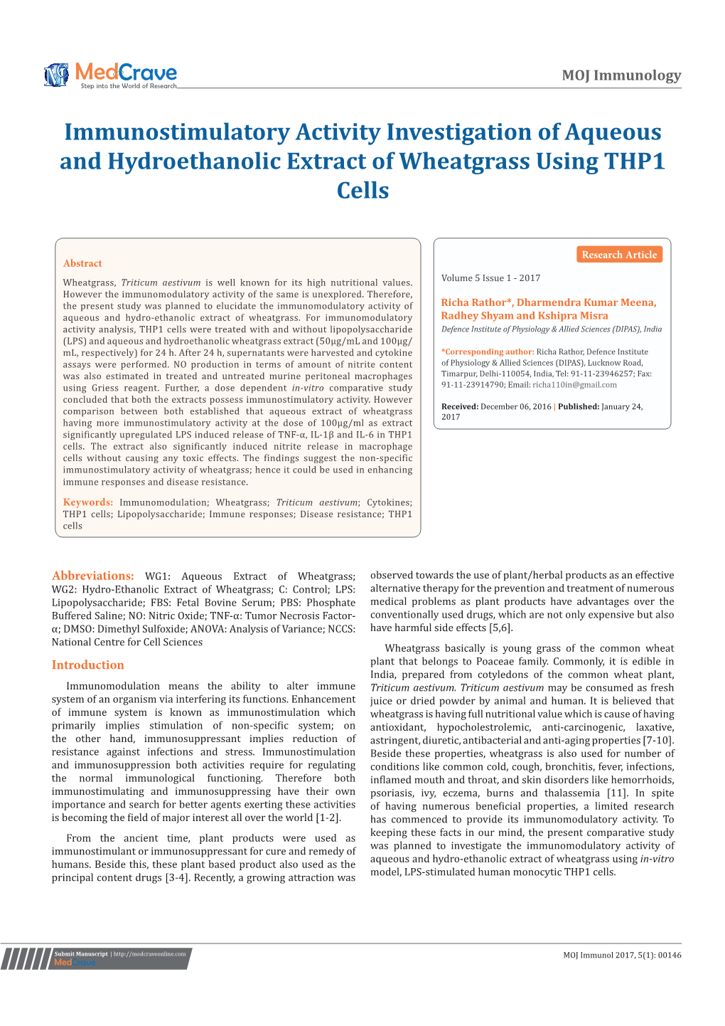 Immunostimulatory Activity Investigation of Aqueous and Hydroethanolic Extract of Wheatgrass Using THP1 Cells