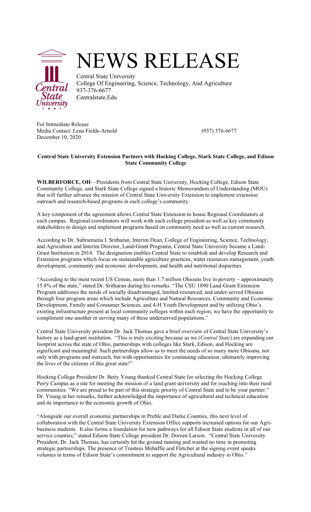 NEWS RELEASE Central State University College of Engineering, Science, Technology, and Agriculture 937-376-6677 Centralstate.Edu