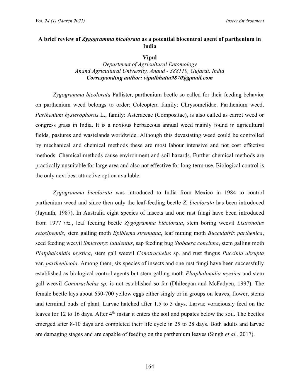 164 a Brief Review of Zygogramma Bicolorata As a Potential Biocontrol