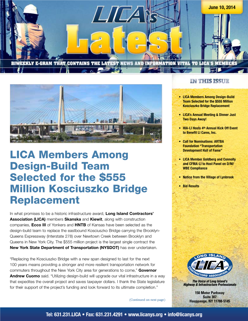 LICA Members Among Design-Build Team Selected for the $555 Million Kosciuszko Bridge Replacement