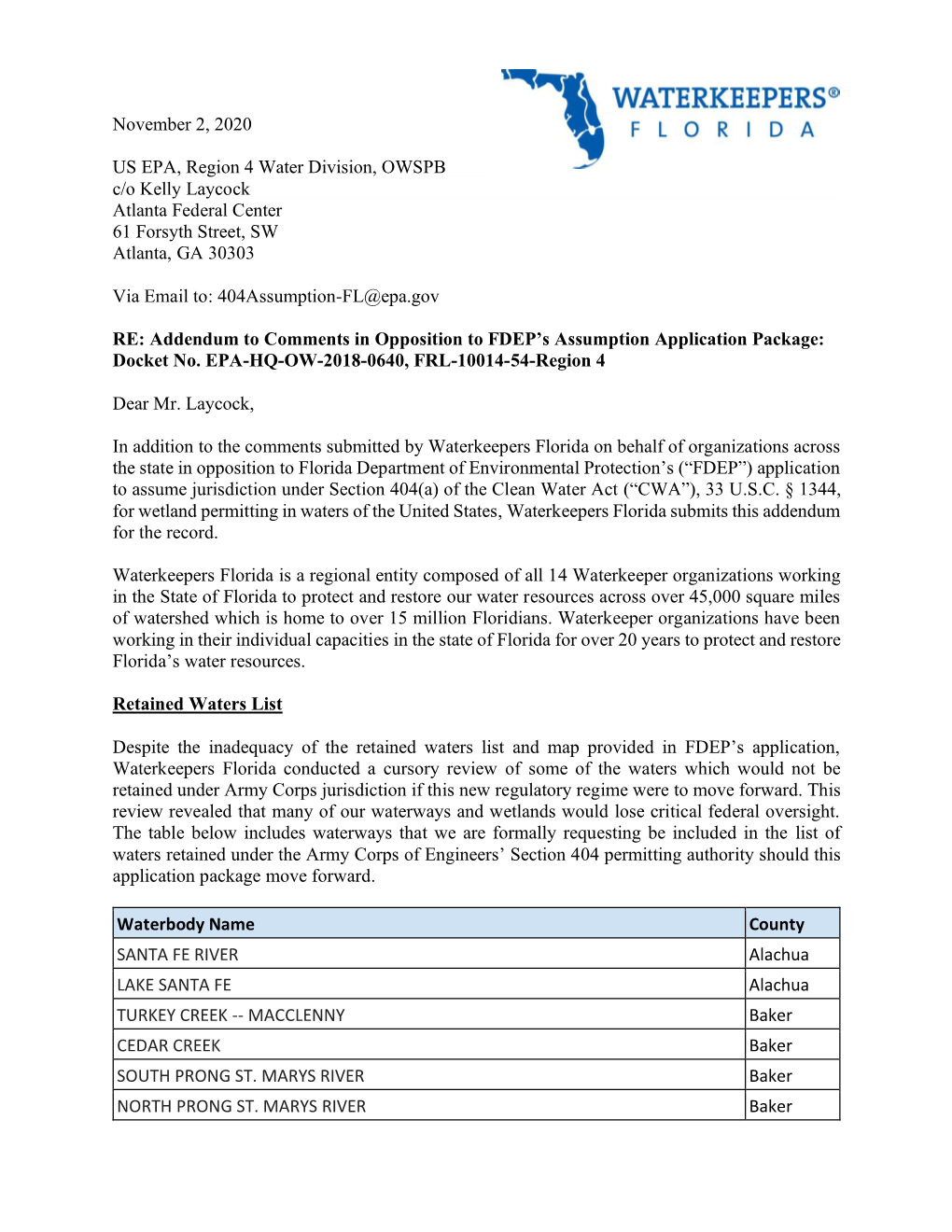 November 2, 2020 US EPA, Region 4 Water Division, OWSPB C