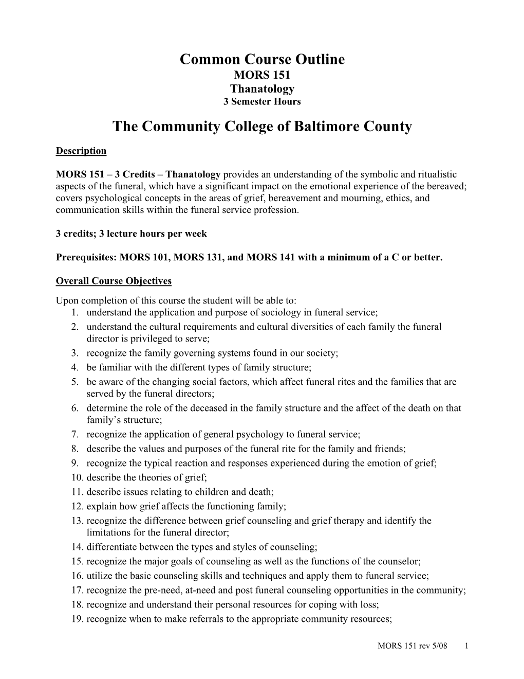 Common Course Outline the Community College of Baltimore County