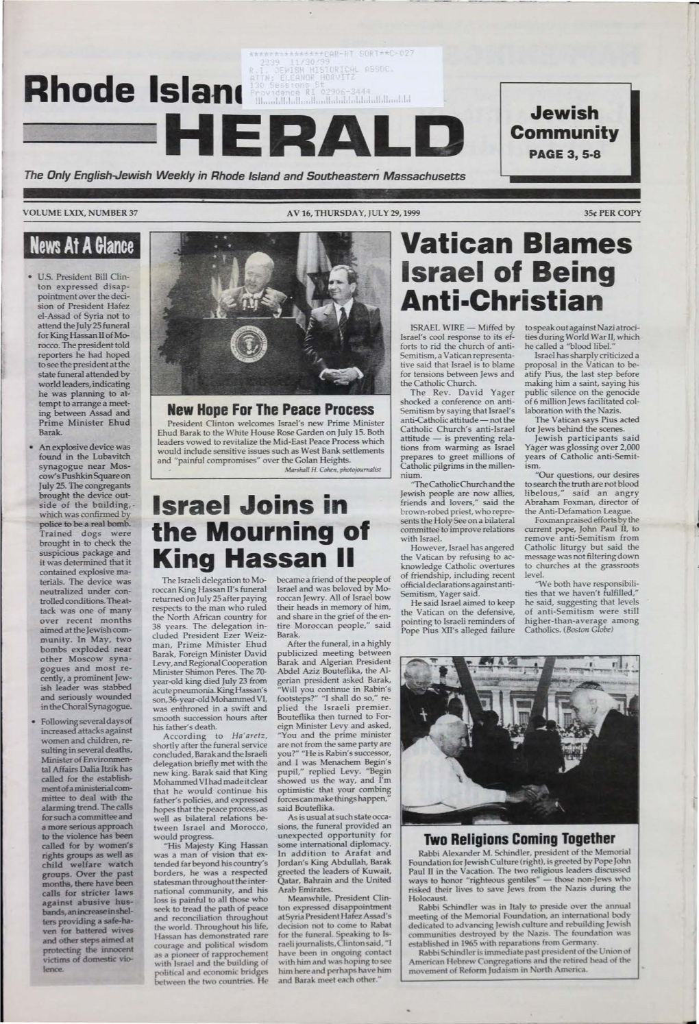 JULY 29, 1999 35( PER COPY News at A&Lance Vatican Blames • U.S