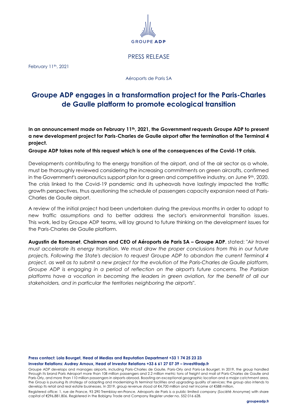 Groupe ADP Engages in a Transformation Project for the Paris-Charles De Gaulle Platform to Promote Ecological Transition