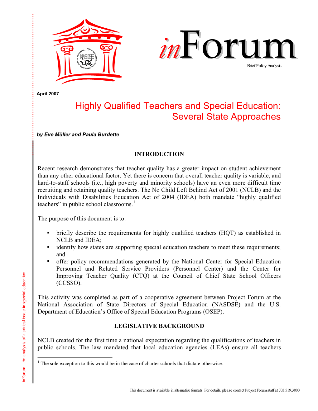 Highly Qualified Teachers and Special Education: Several State Approaches