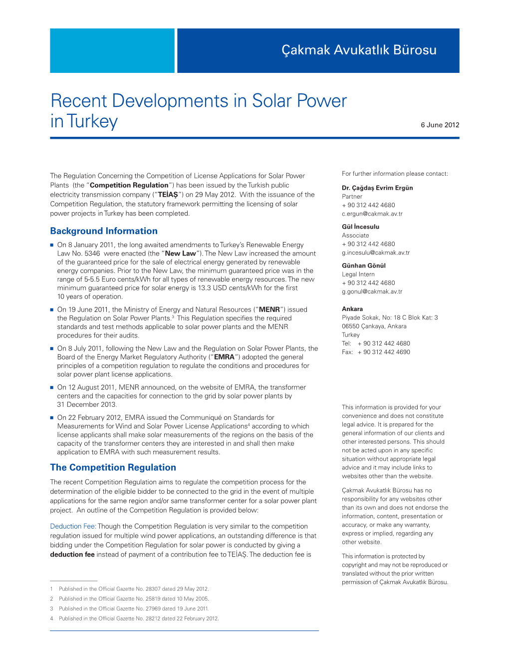 Recent Developments in Solar Power in Turkey 6 June 2012