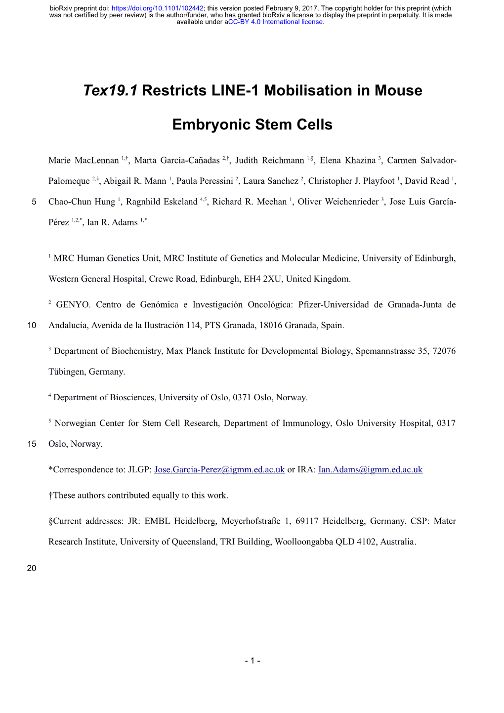 Tex19.1 Restricts LINE-1 Mobilisation in Mouse Embryonic Stem Cells