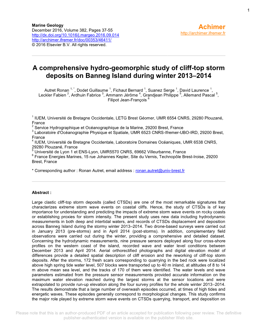 A Comprehensive Hydro-Geomorphic Study of Cliff-Top Storm Deposits on Banneg Island During Winter 2013–2014