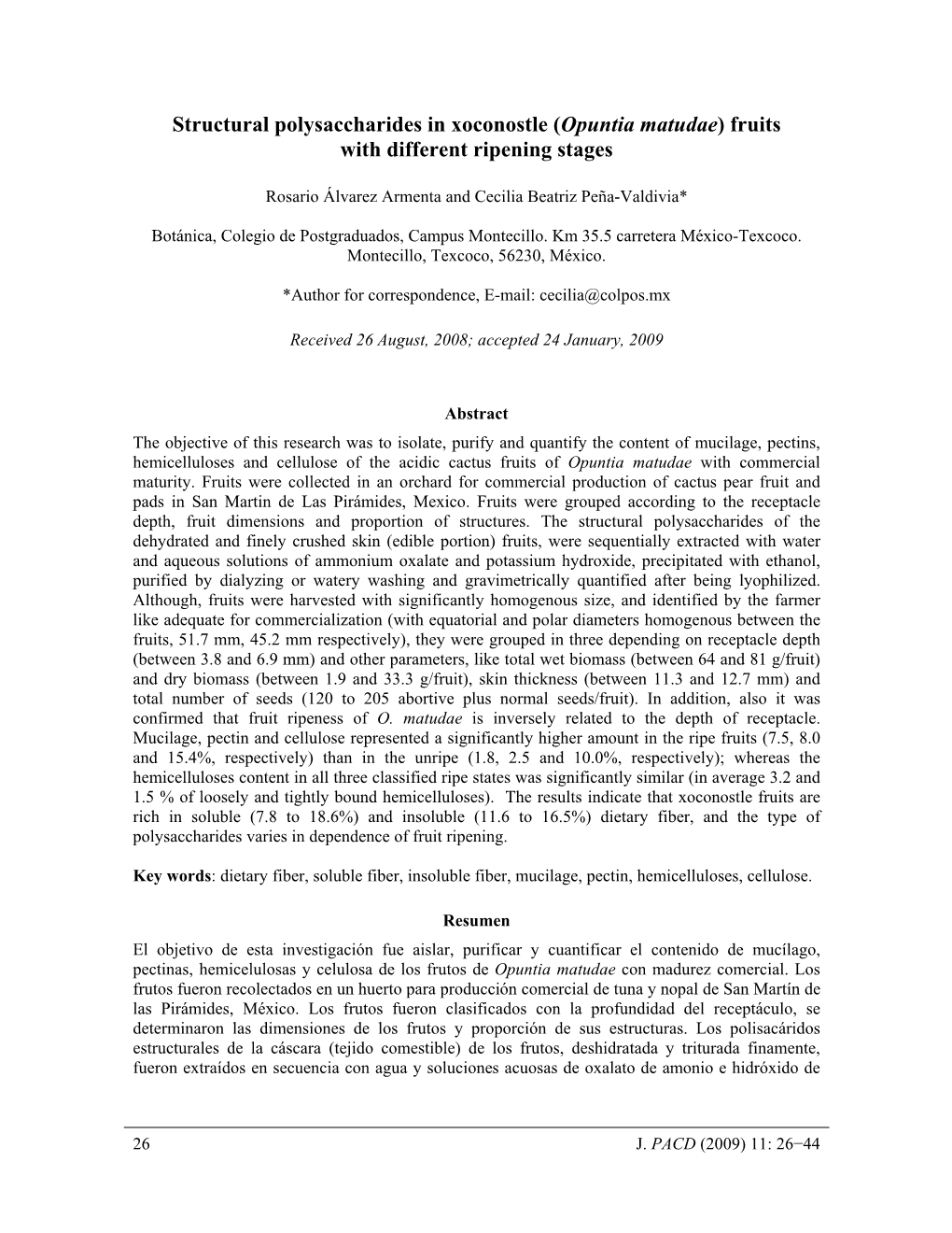 Structural Polysaccharides in Xoconostle (Opuntia Matudae) Fruits with Different Ripening Stages