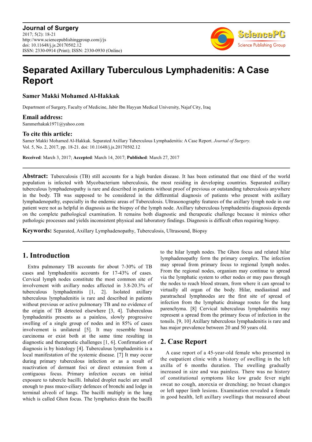 Separated Axillary Tuberculous Lymphadenitis: a Case Report