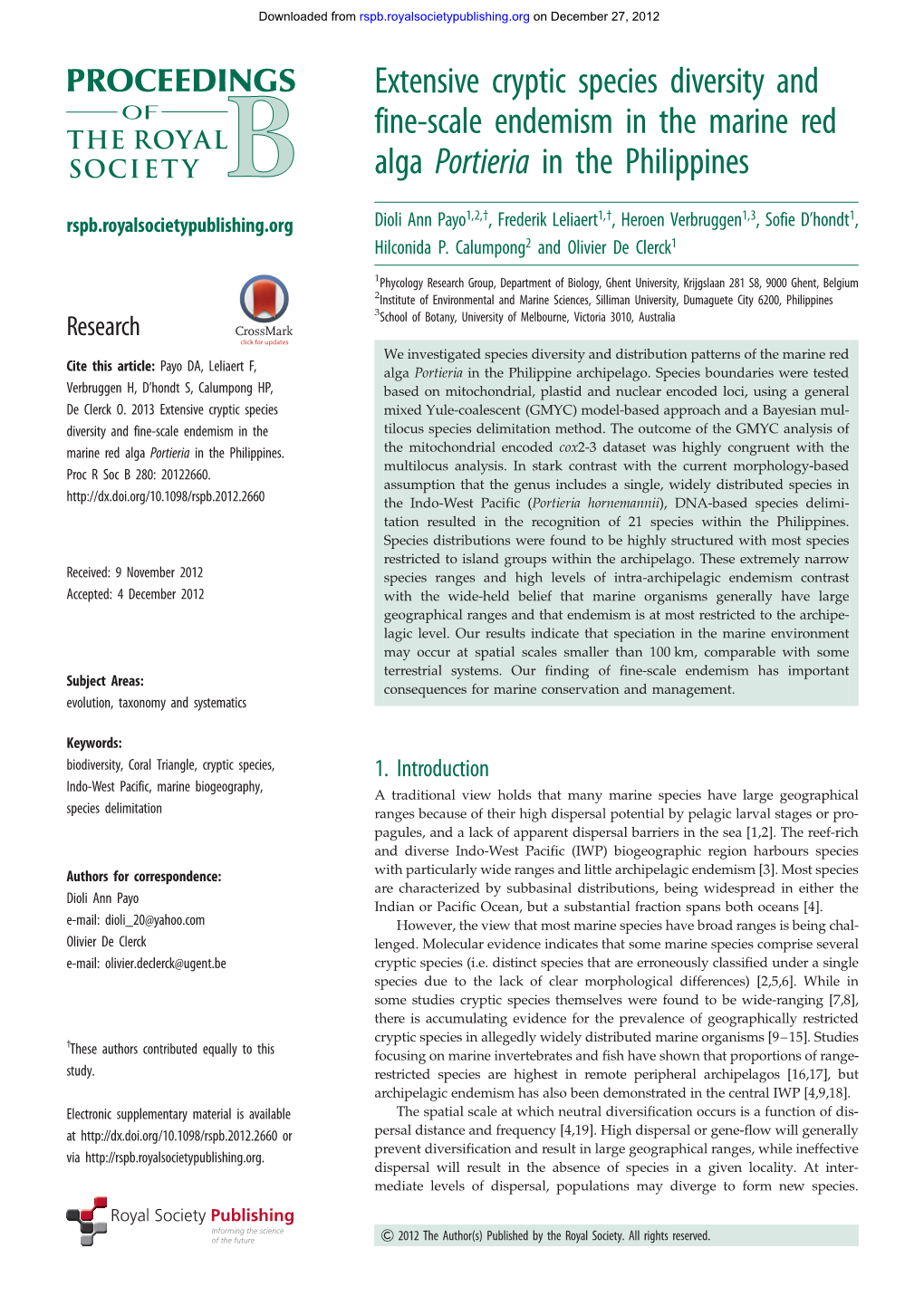 Extensive Cryptic Species Diversity and Fine-Scale Endemism in the Marine