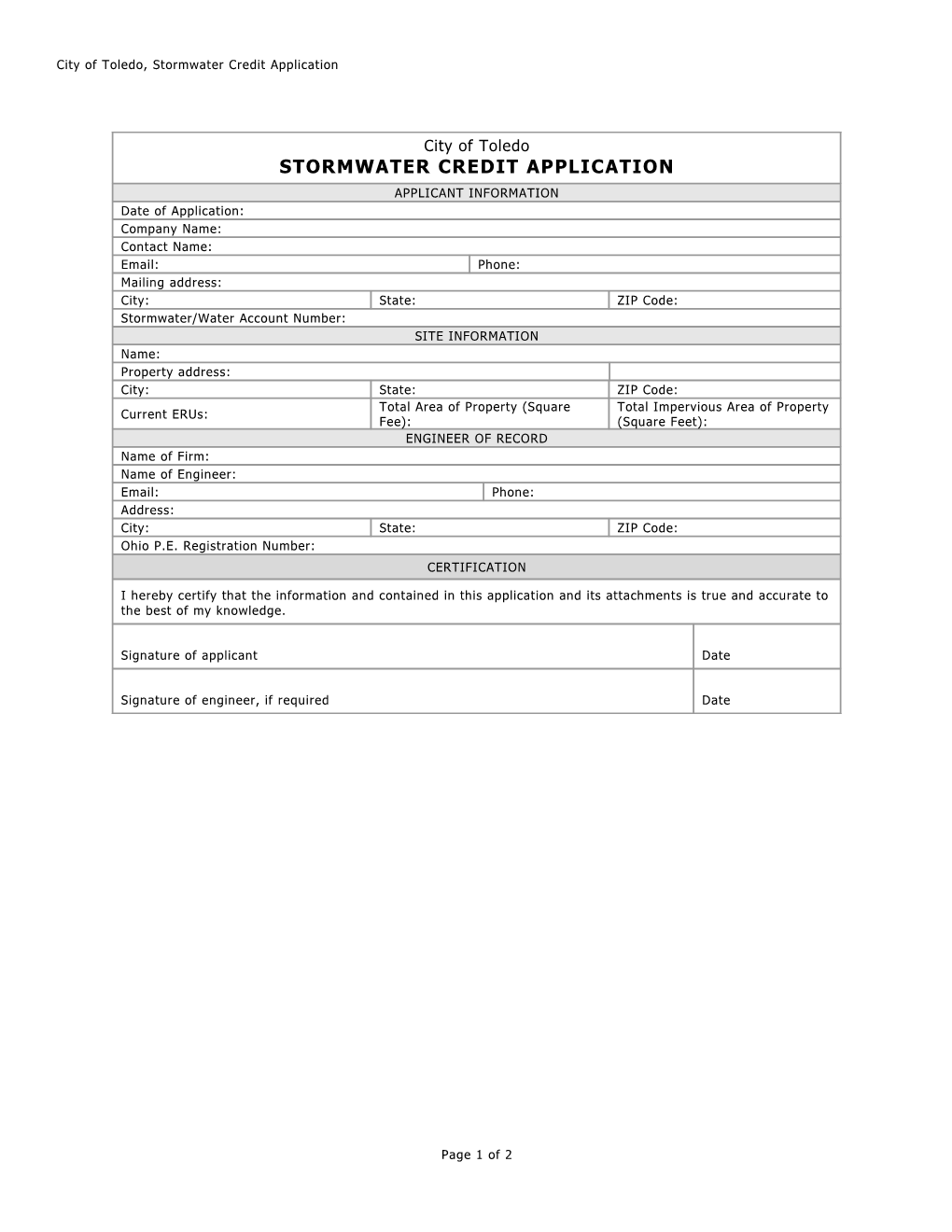 City of Toledo, Stormwater Credit Application