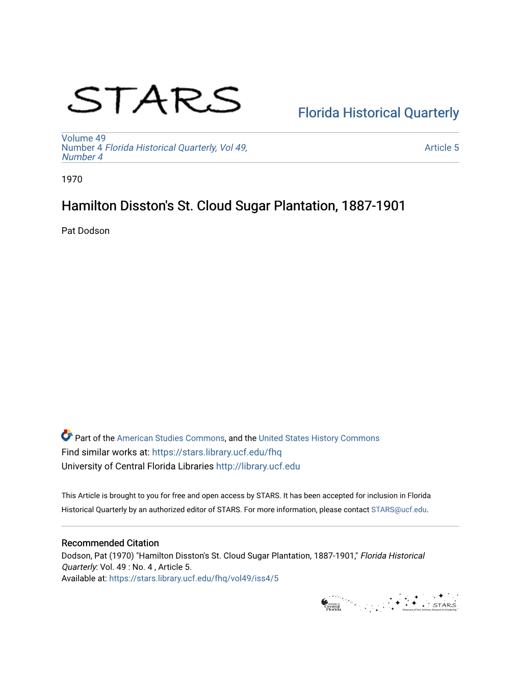 Hamilton Disston's St. Cloud Sugar Plantation, 1887-1901