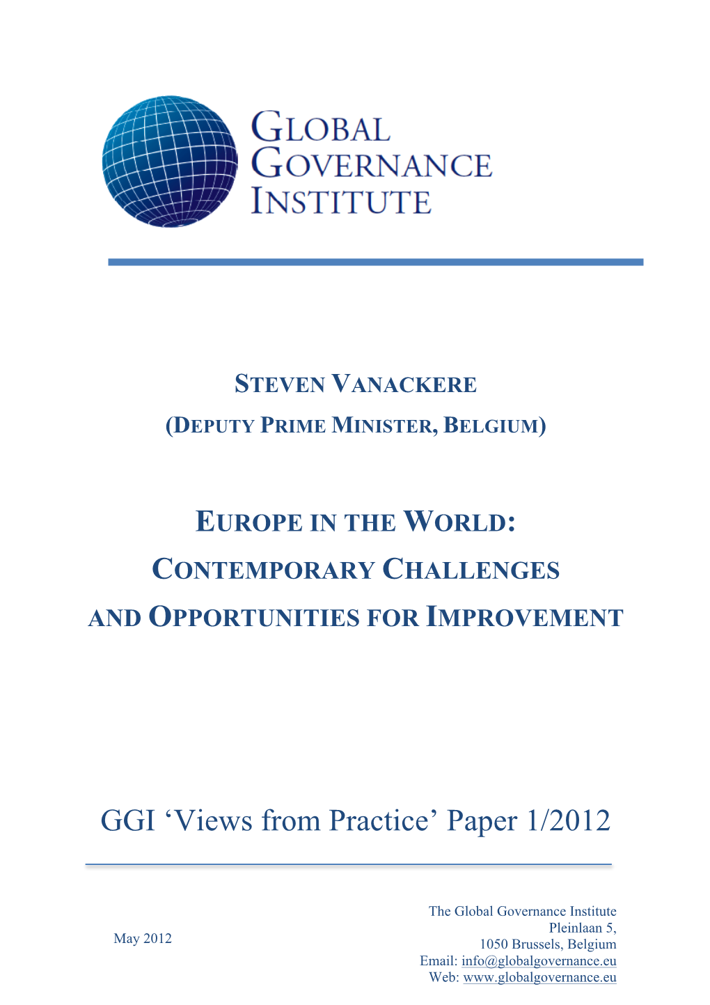 Vanackere, Europe in the World: Contemporary Challenges and Opportunities for Improvement, Global Governance Institute