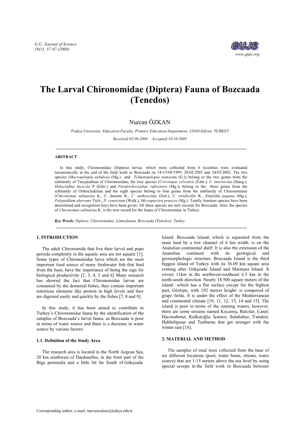 The Larval Chironomidae (Diptera) Fauna of Bozcaada (Tenedos)