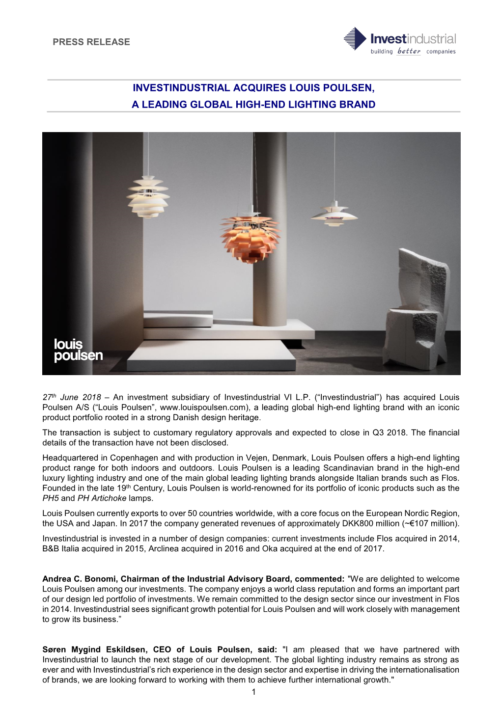 Investindustrial Acquires Louis Poulsen, a Leading Global High-End Lighting Brand