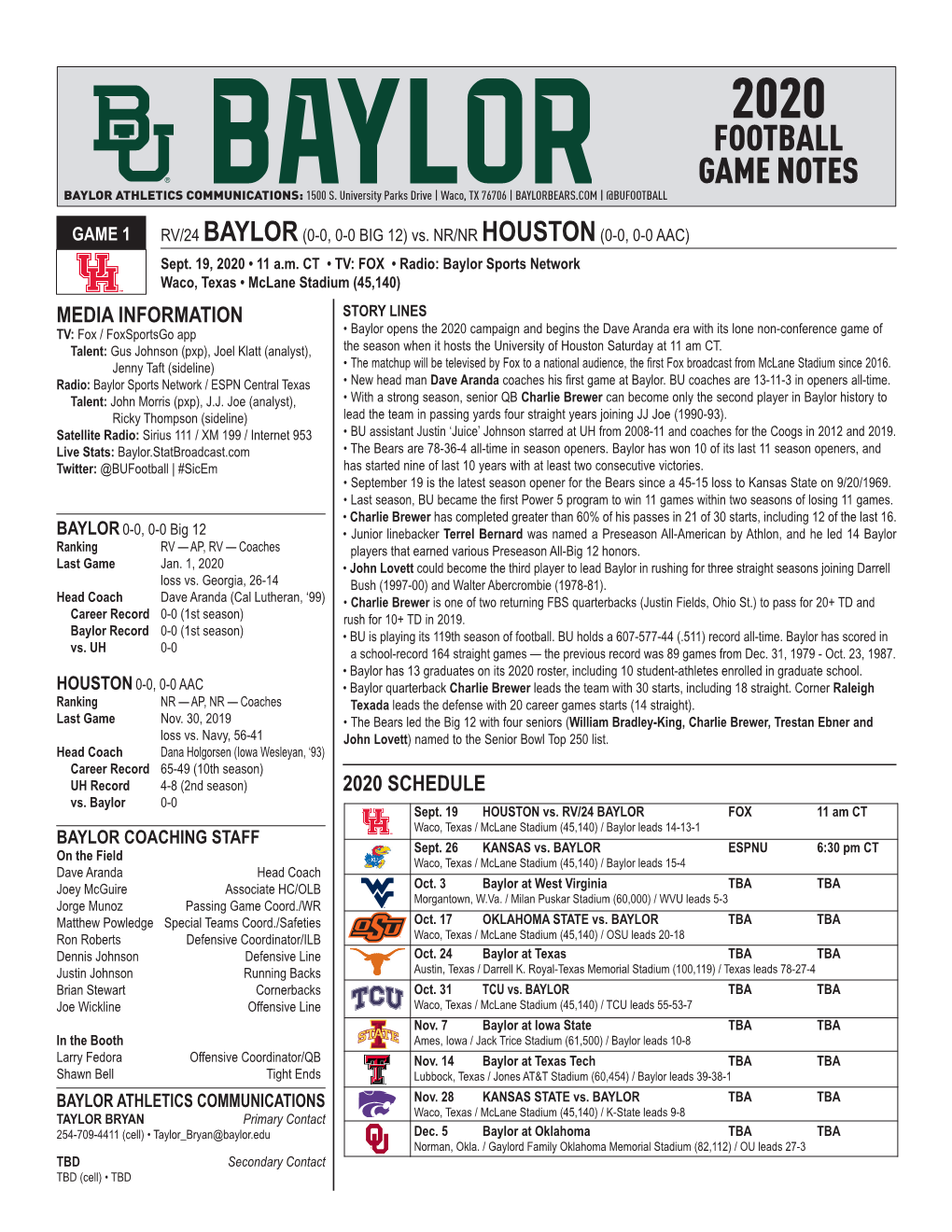 Football Game Notes Baylor Athletics Communications: 1500 S