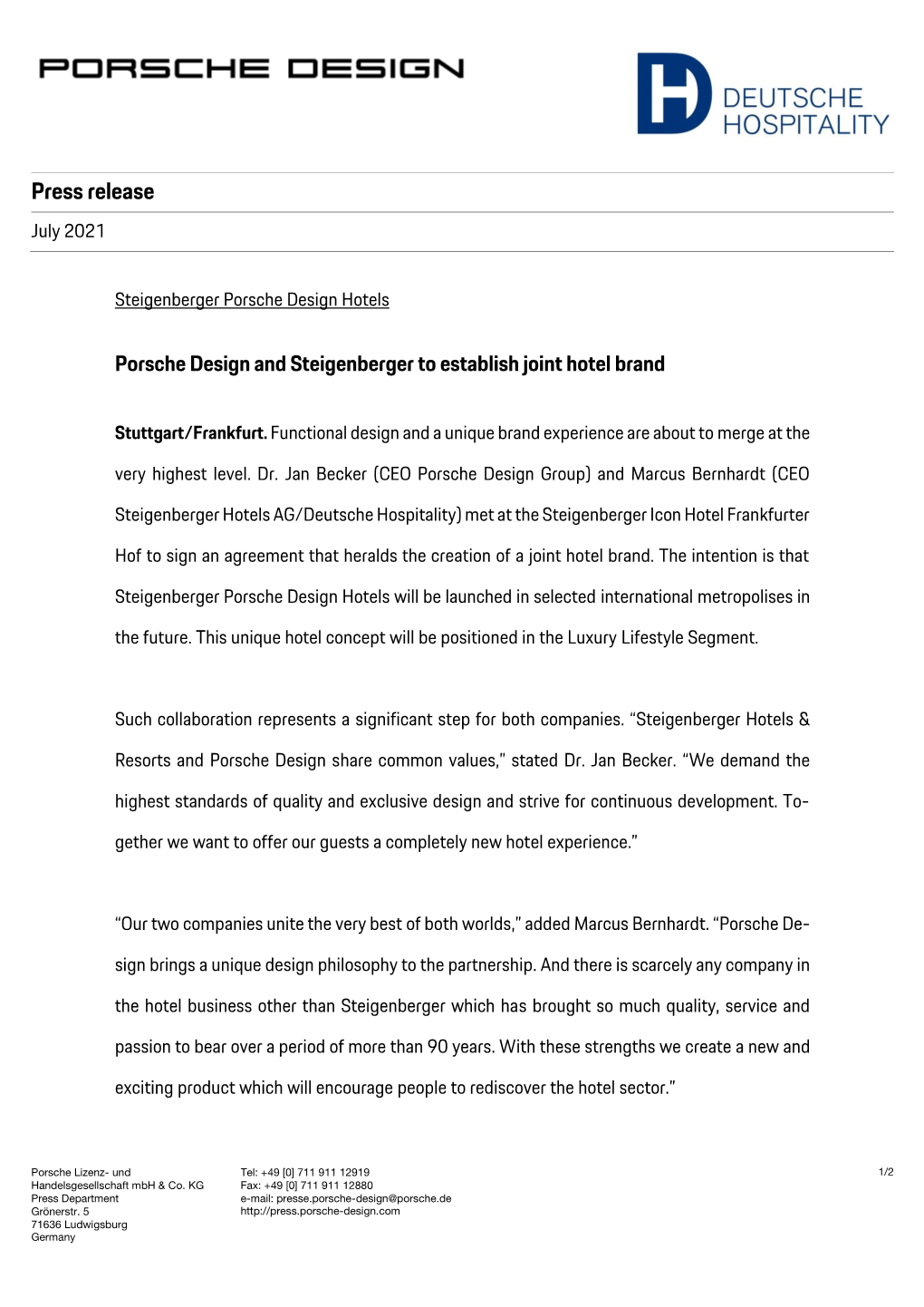 Pressrelease Steigenberger Porsche Design Hotels