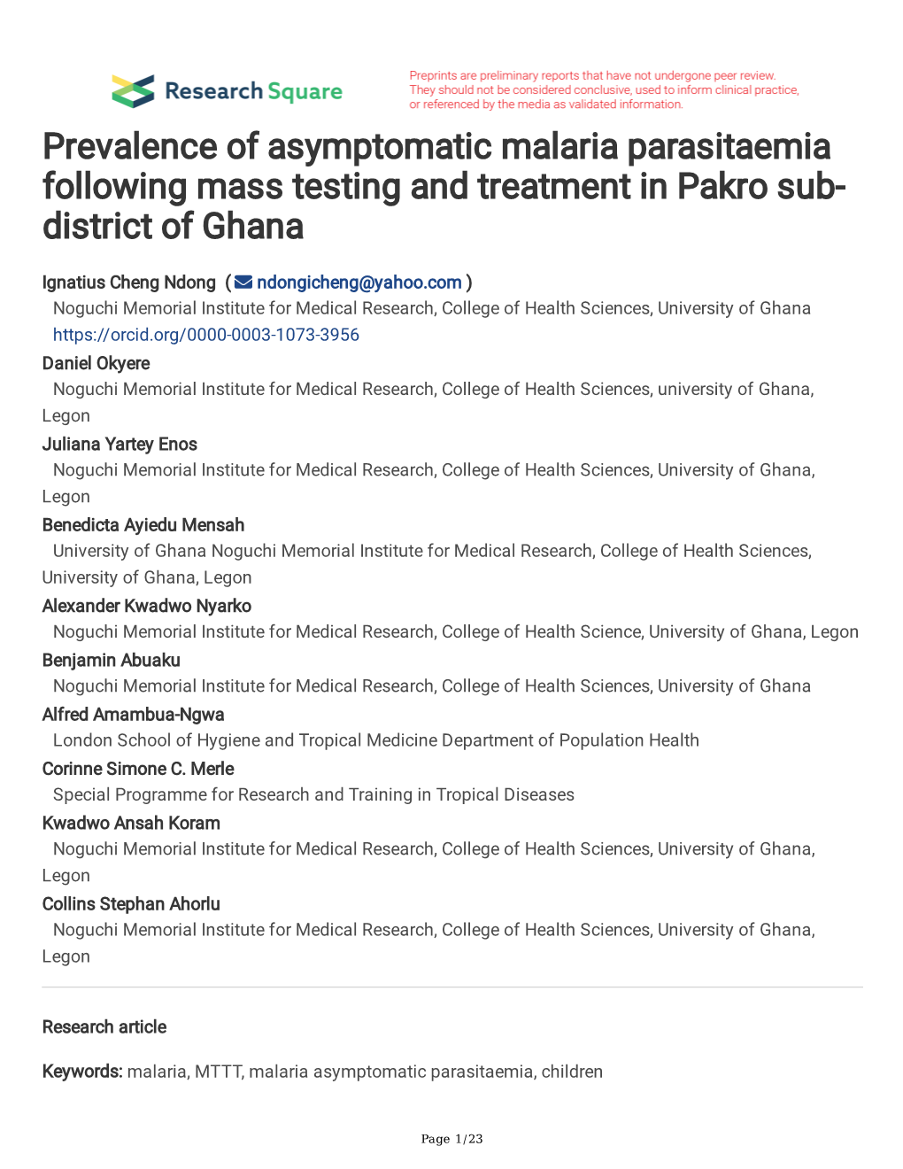 Prevalence of Asymptomatic Malaria Parasitaemia Following Mass Testing and Treatment in Pakro Sub- District of Ghana