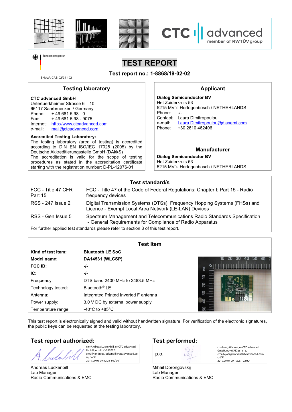 DA14531 FCC Certification Test Report (WLCSP)