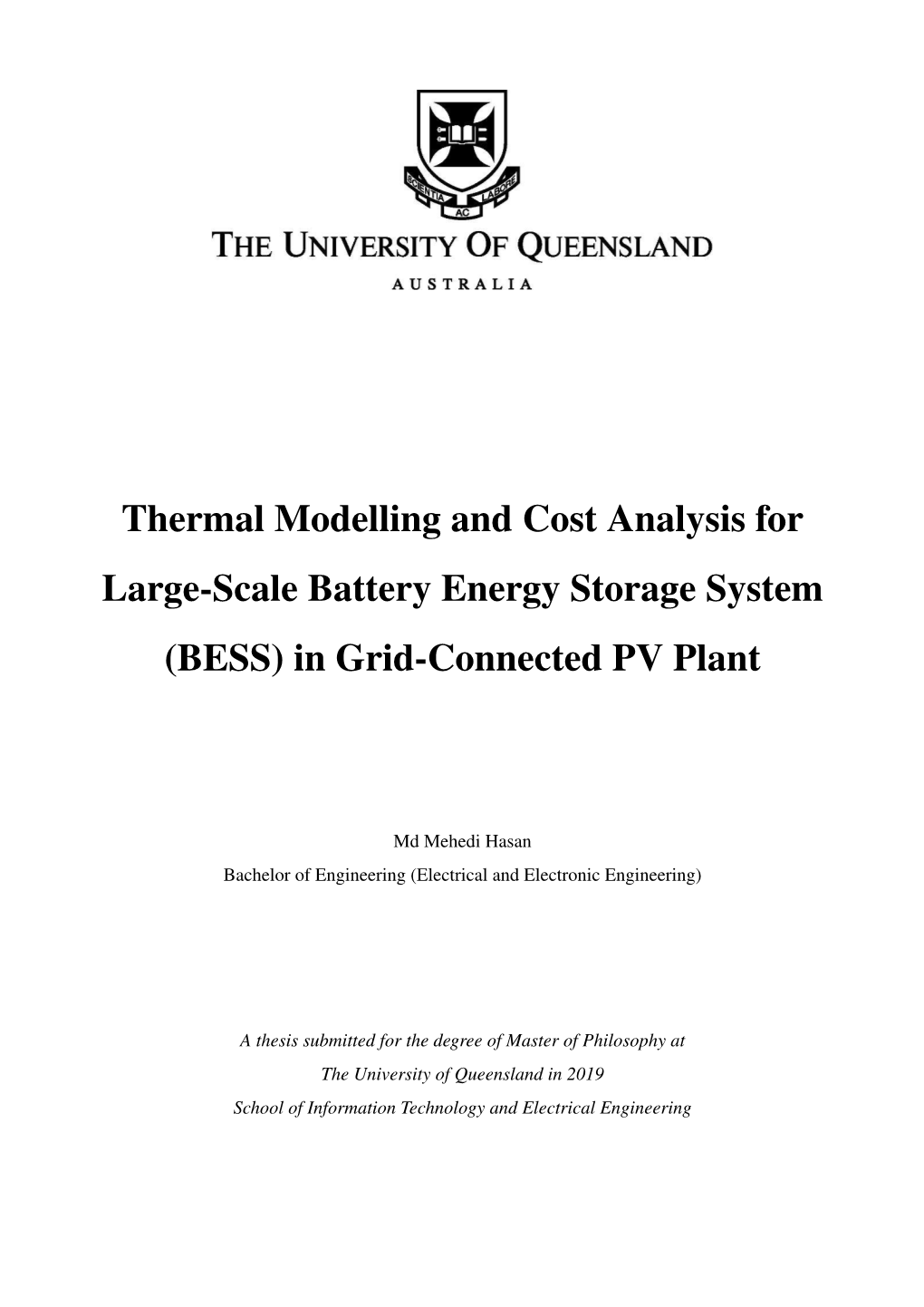 Thermal Modelling and Cost Analysis for Large-Scale Battery Energy Storage System (BESS) in Grid-Connected PV Plant