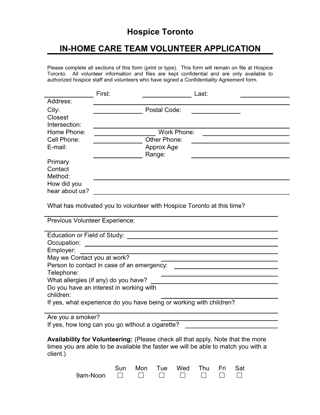 In-Home Care Team Volunteer Application