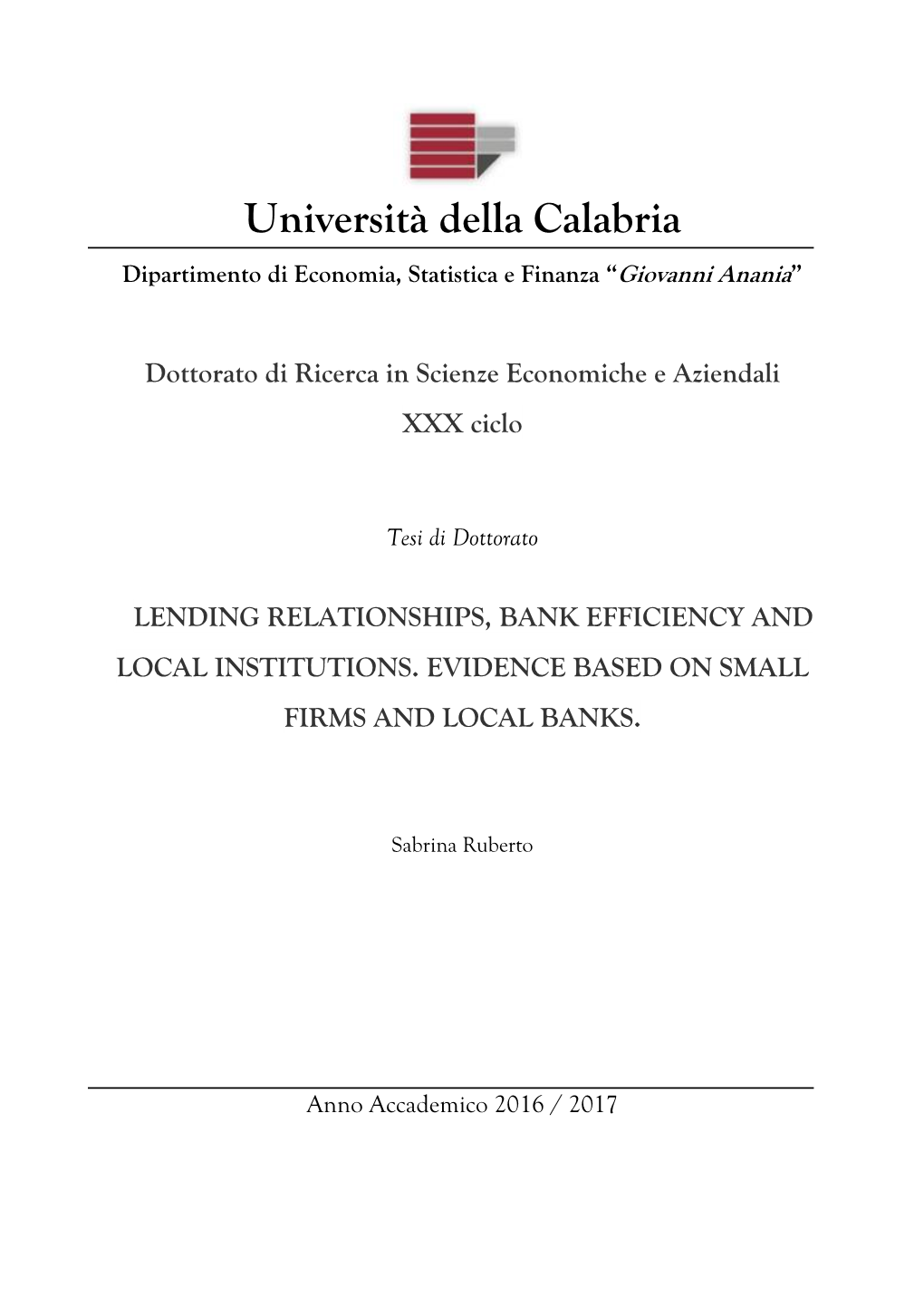 Università Della Calabria Dipartimento Di Economia, Statistica E Finanza “Giovanni Anania”