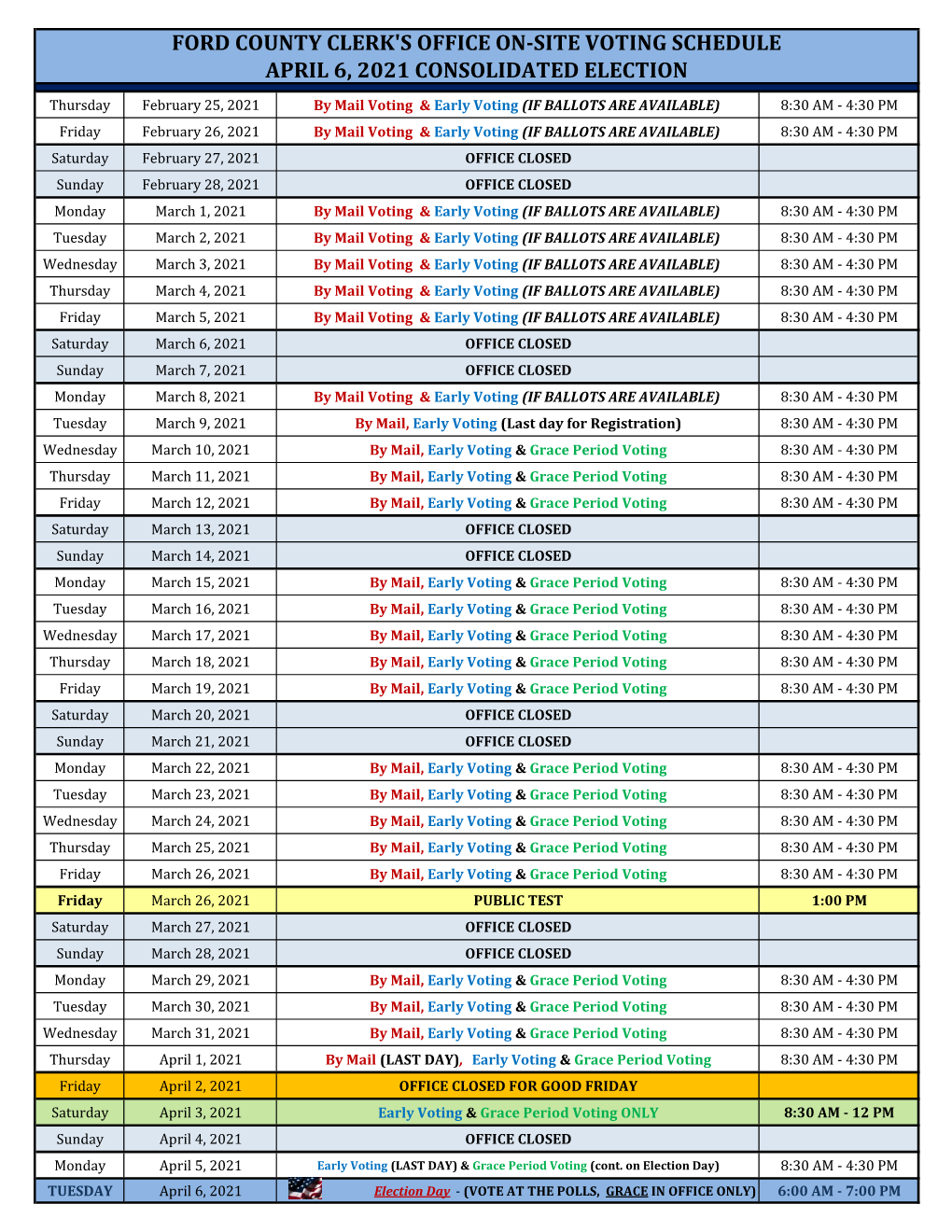 Ford County Clerk's Office On-Site Voting Schedule April 6, 2021 Consolidated Election