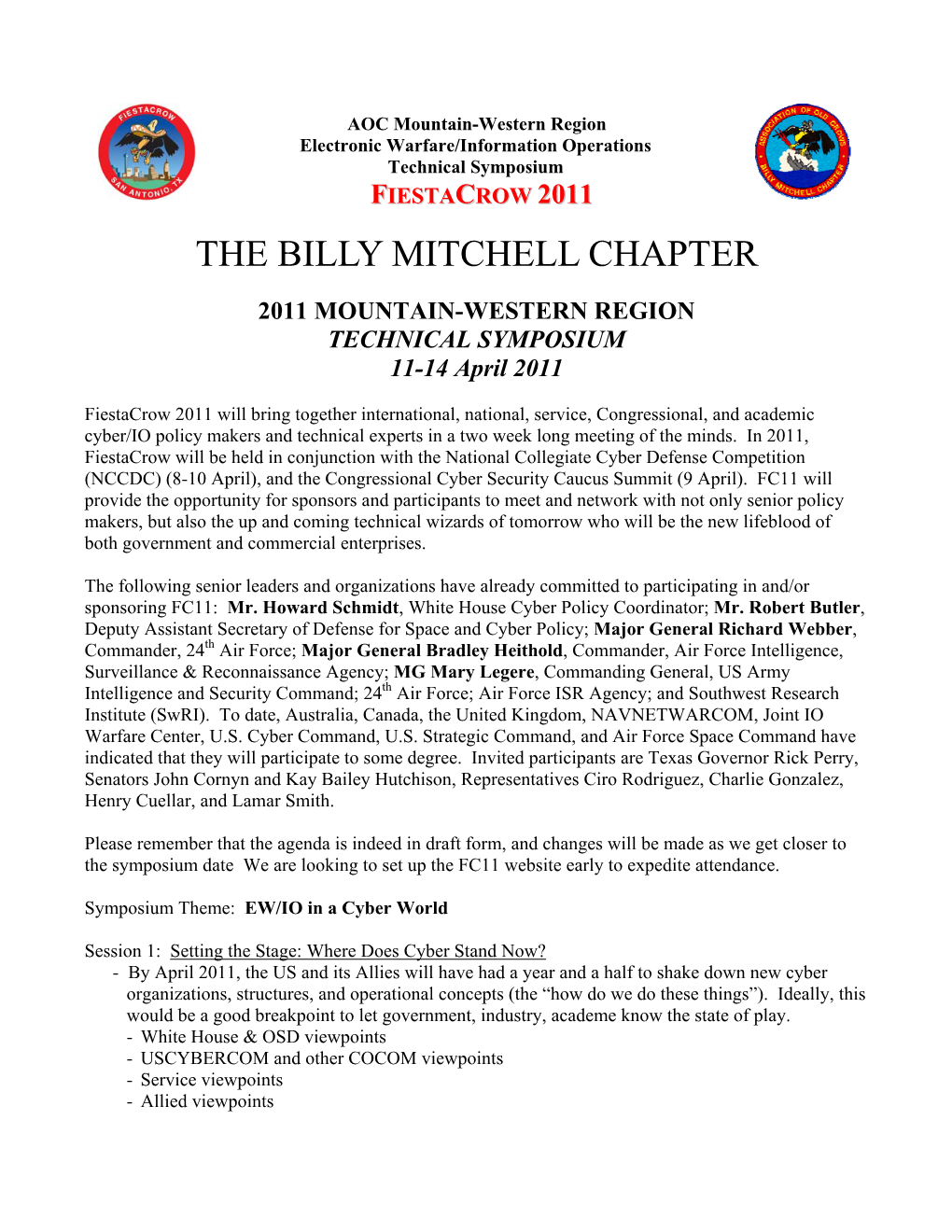 AOC Mountain-Western Region Electronic Warfare/Information Operations Technical Symposium FIESTACROW 2011 the BILLY MITCHELL CHAPTER