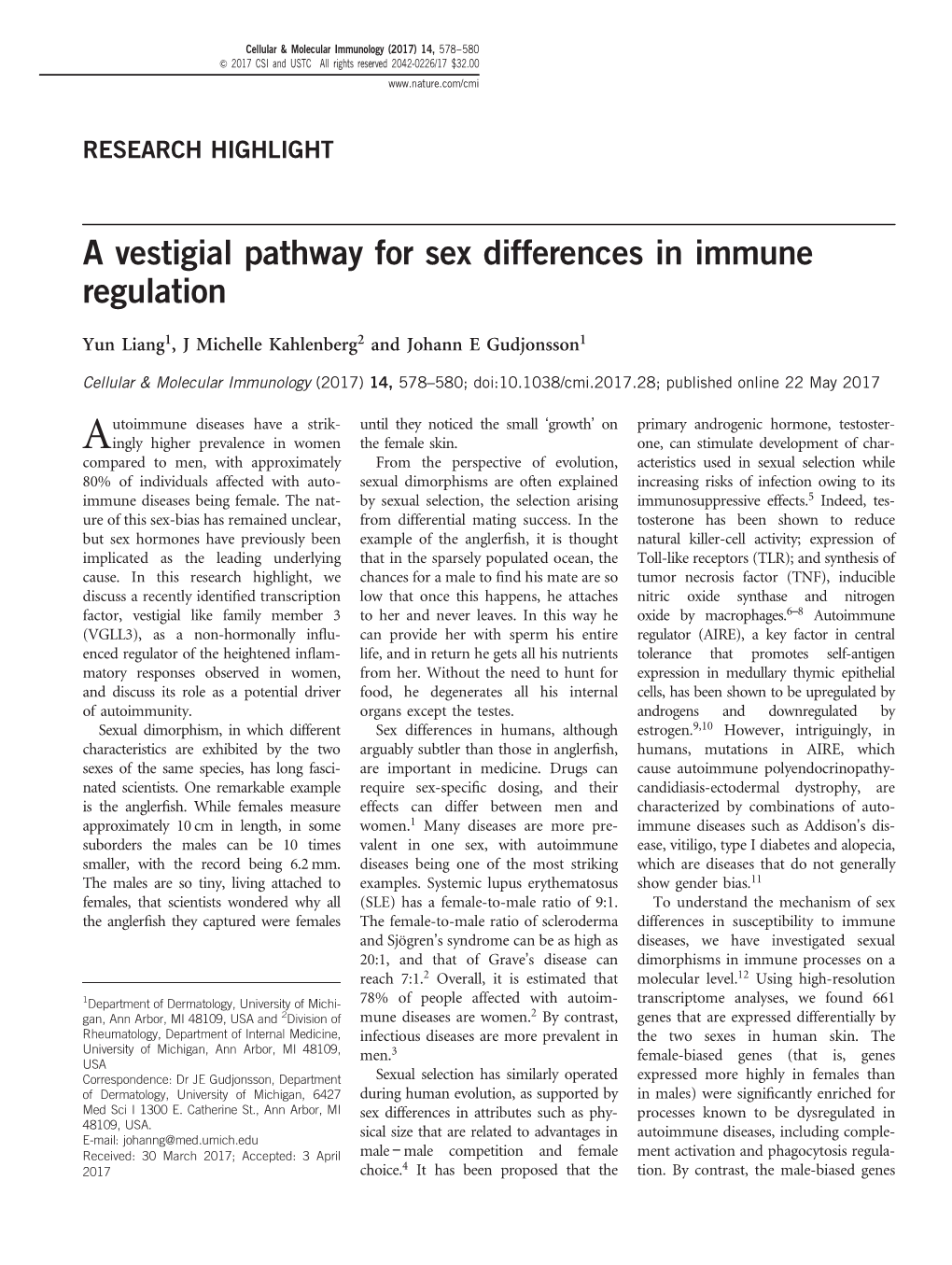 A Vestigial Pathway for Sex Differences in Immune Regulation