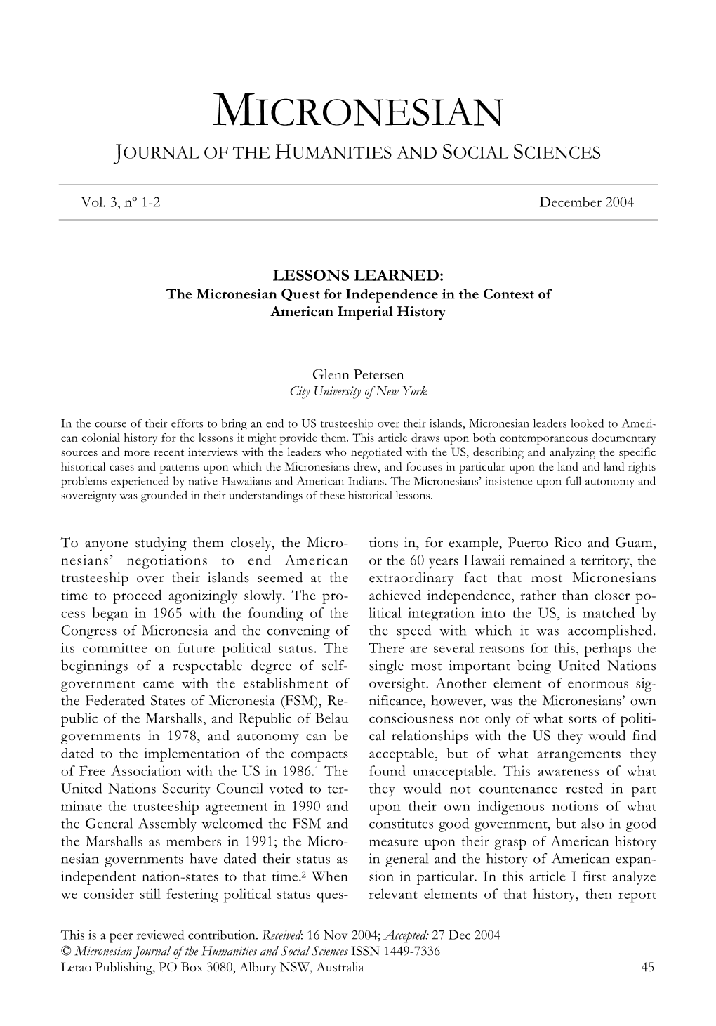 LESSONS LEARNED: the Micronesian Quest for Independence in the Context of American Imperial History