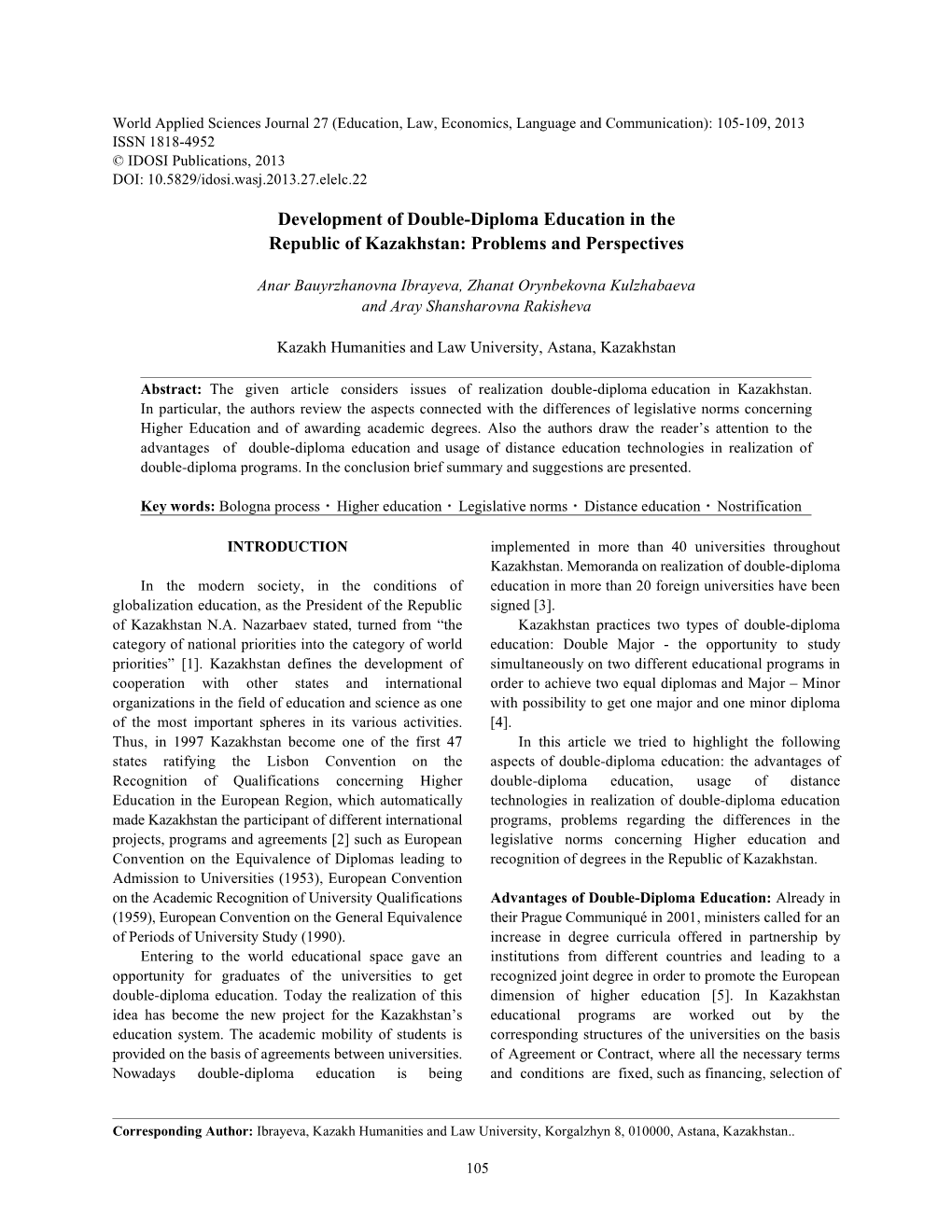 Development of Double-Diploma Education in the Republic of Kazakhstan: Problems and Perspectives