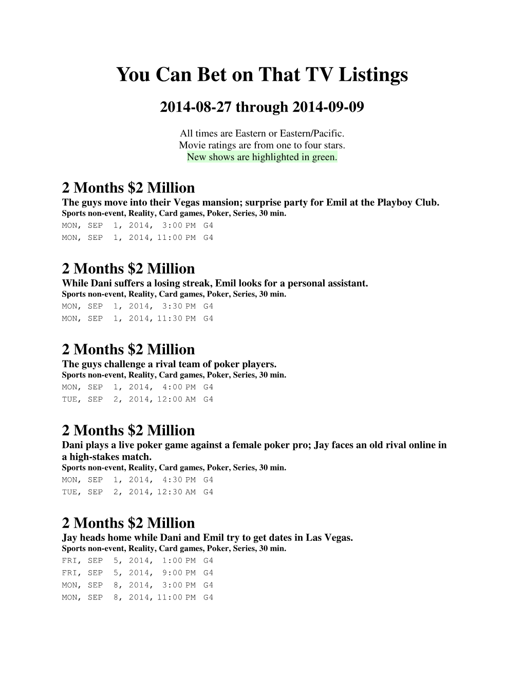 You Can Bet on That TV Listings 2014-08-27 Through 2014-09-09