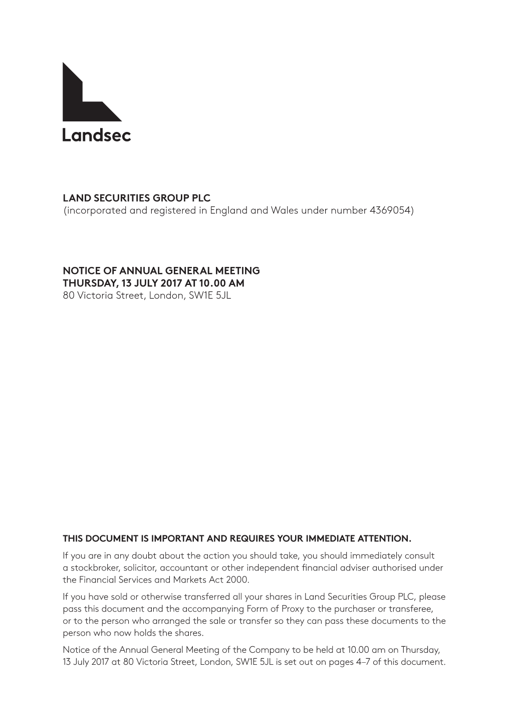 LAND SECURITIES GROUP PLC (Incorporated and Registered in England and Wales Under Number 4369054)