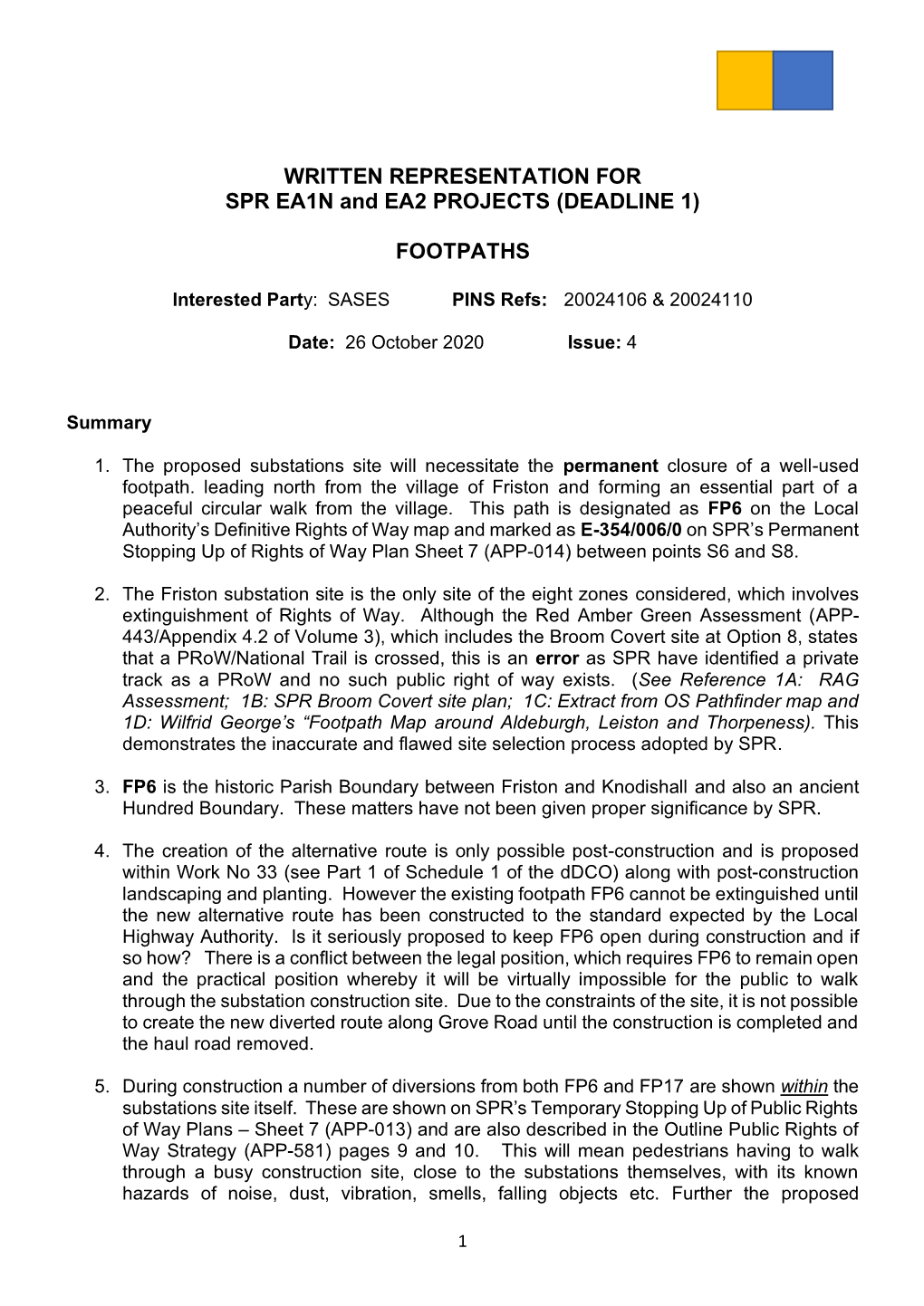 WRITTEN REPRESENTATION for SPR EA1N and EA2 PROJECTS (DEADLINE 1)