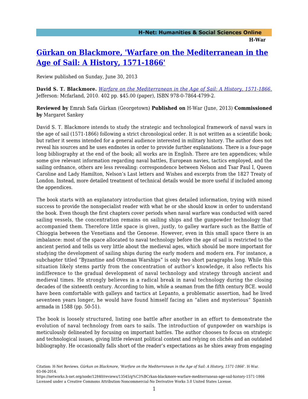 Gürkan on Blackmore, 'Warfare on the Mediterranean in the Age of Sail: a History, 1571-1866'
