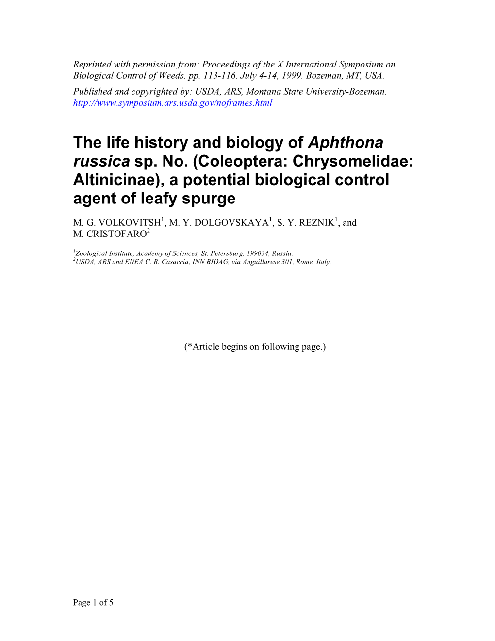 The Life History and Biology of Aphthona Russica Sp. Nov