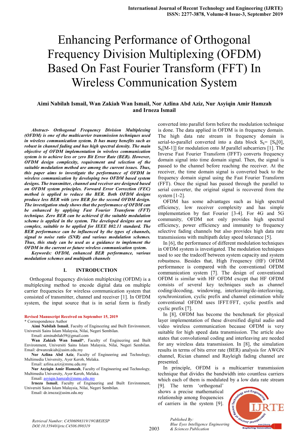 (OFDM) Based on Fast Fourier Transform (FFT) in Wireless Communication System