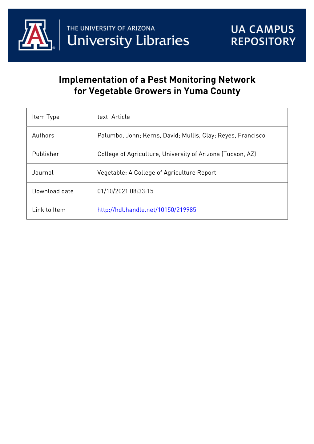 Implementation of a Pest Monitoring Network for Vegetable Growers in Yuma County