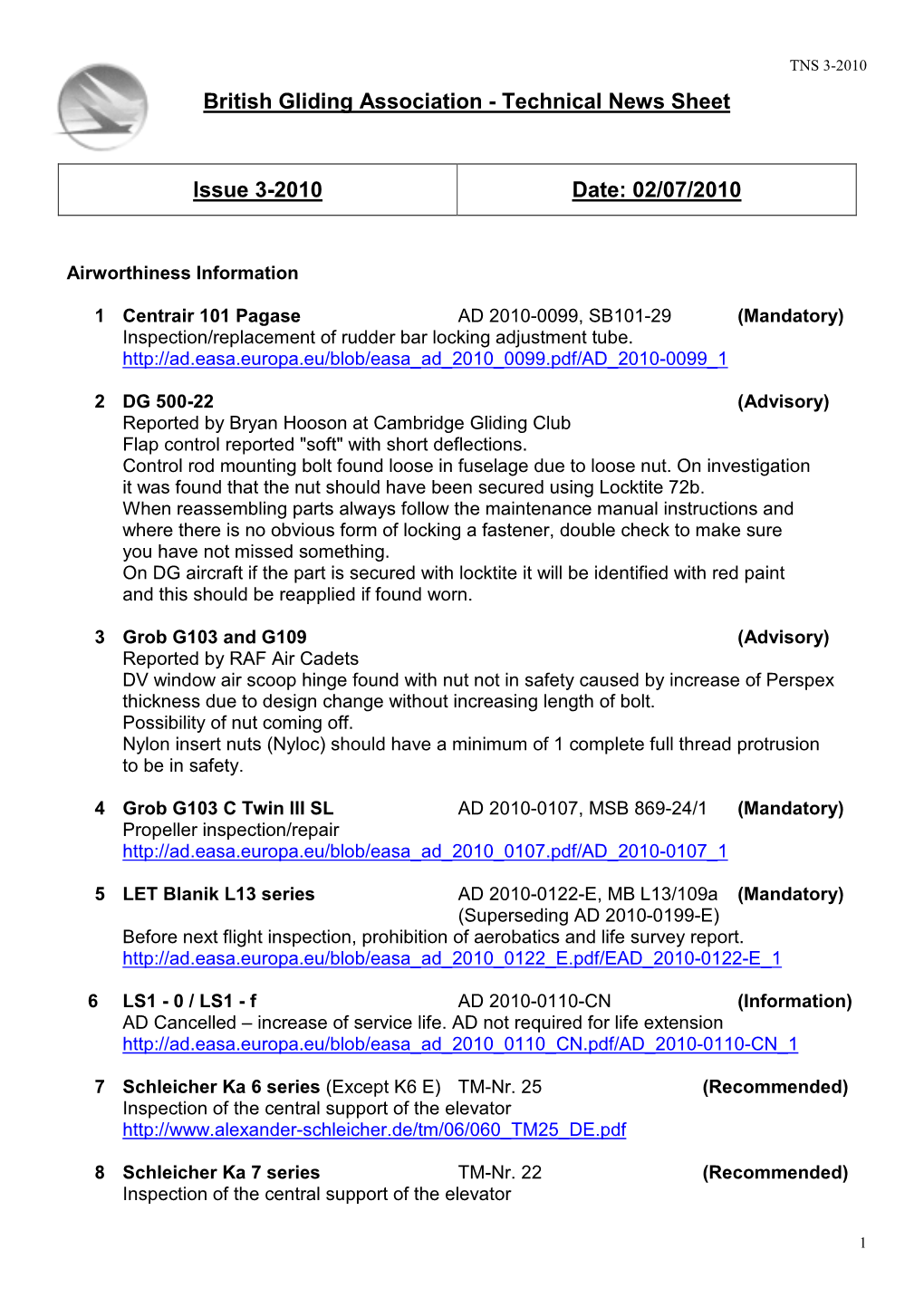 British Gliding Association - Technical News Sheet