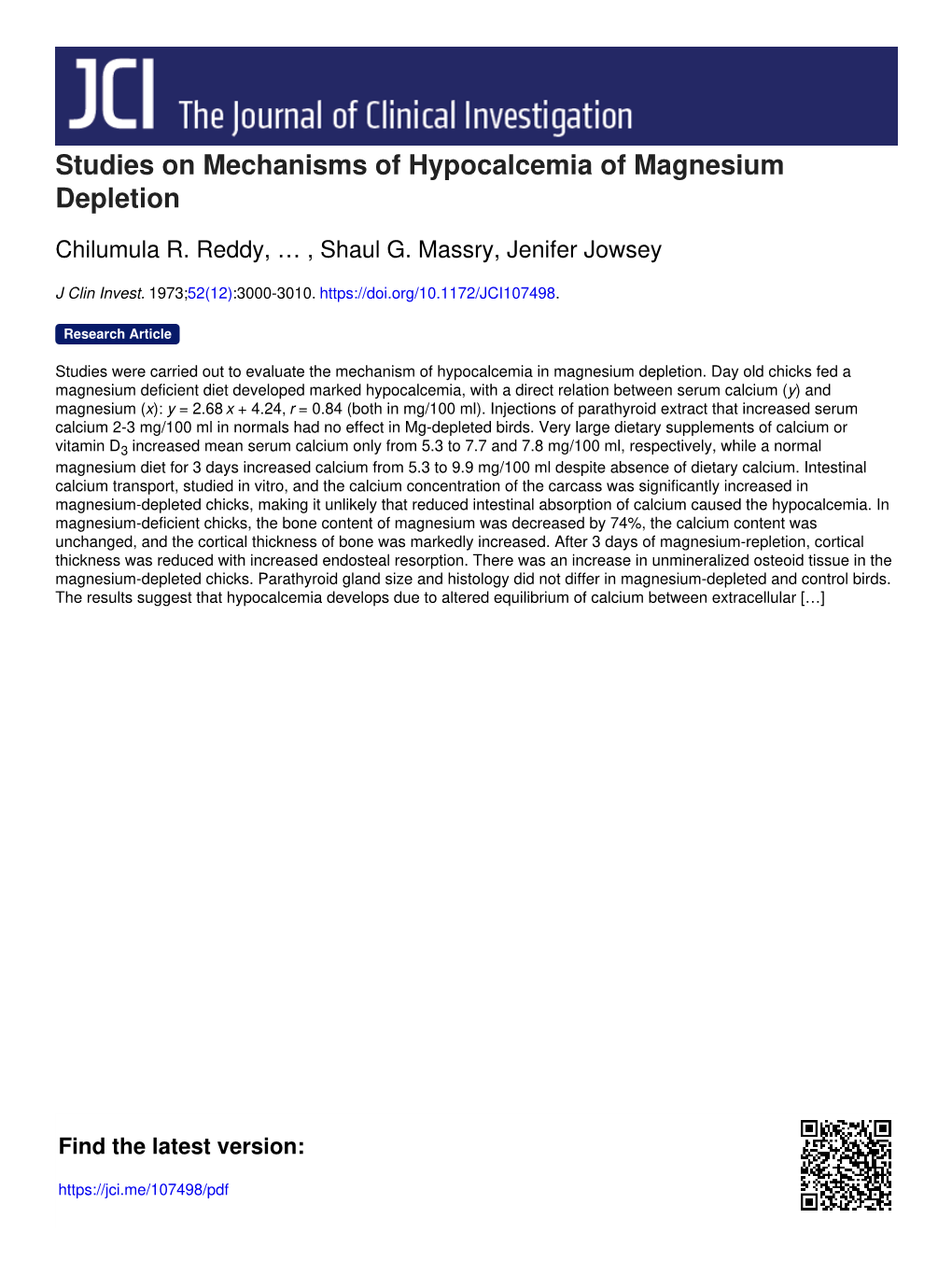 Studies on Mechanisms of Hypocalcemia of Magnesium Depletion