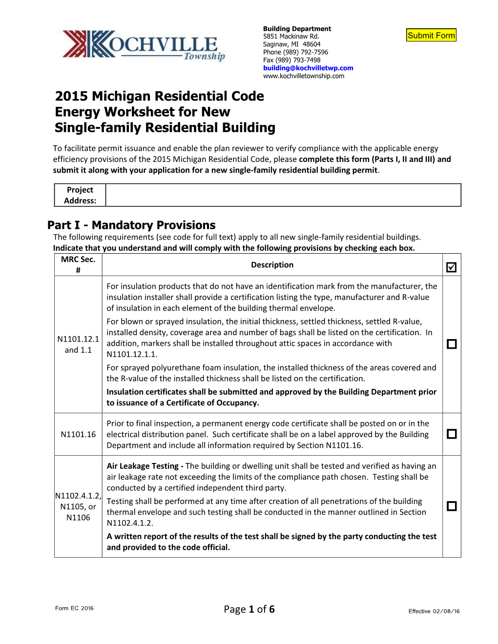2015 MI Res Code Energy Worksheet – Single Family Residential