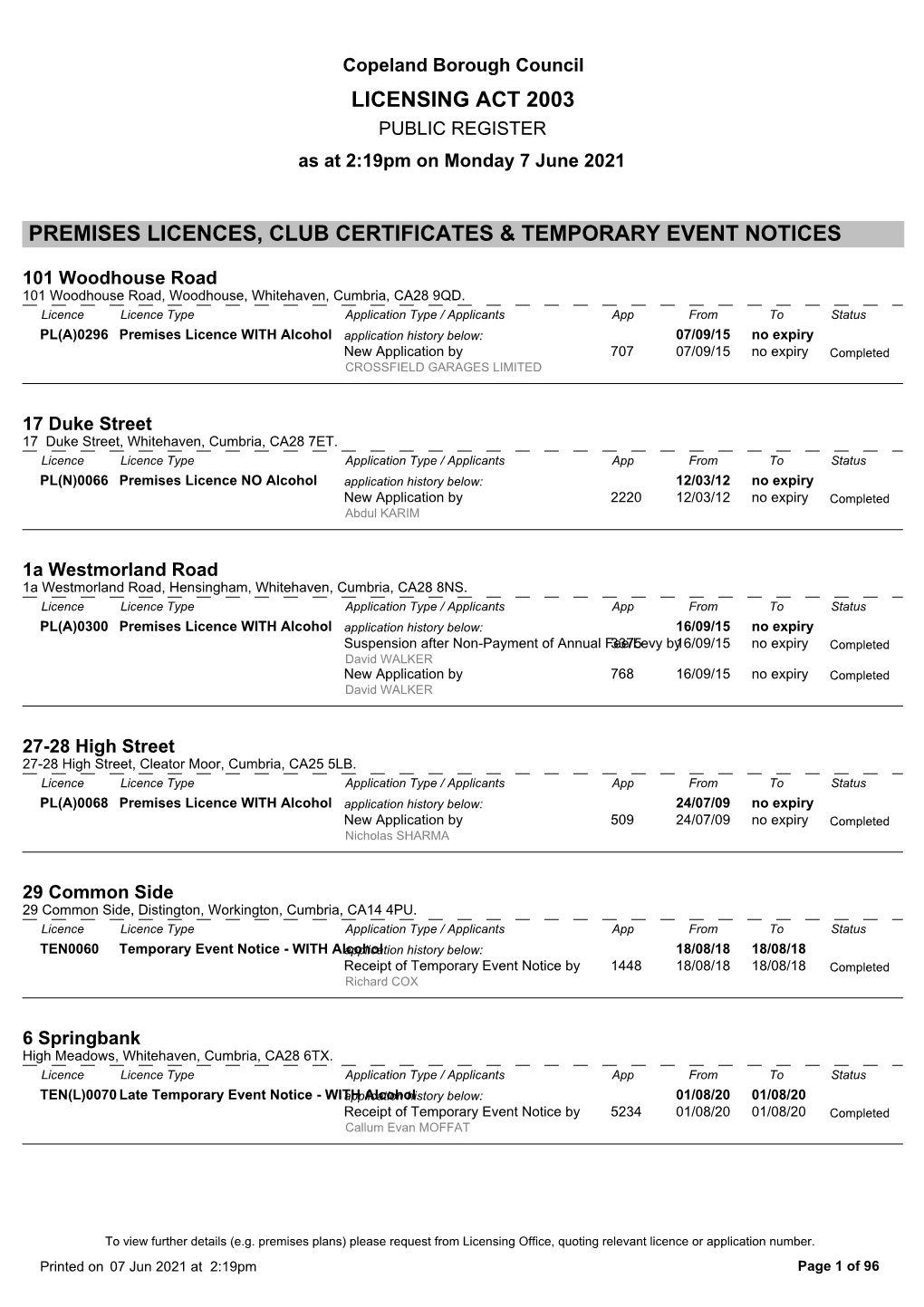 Licensing Act 2003 Premises Licences, Club Certificates