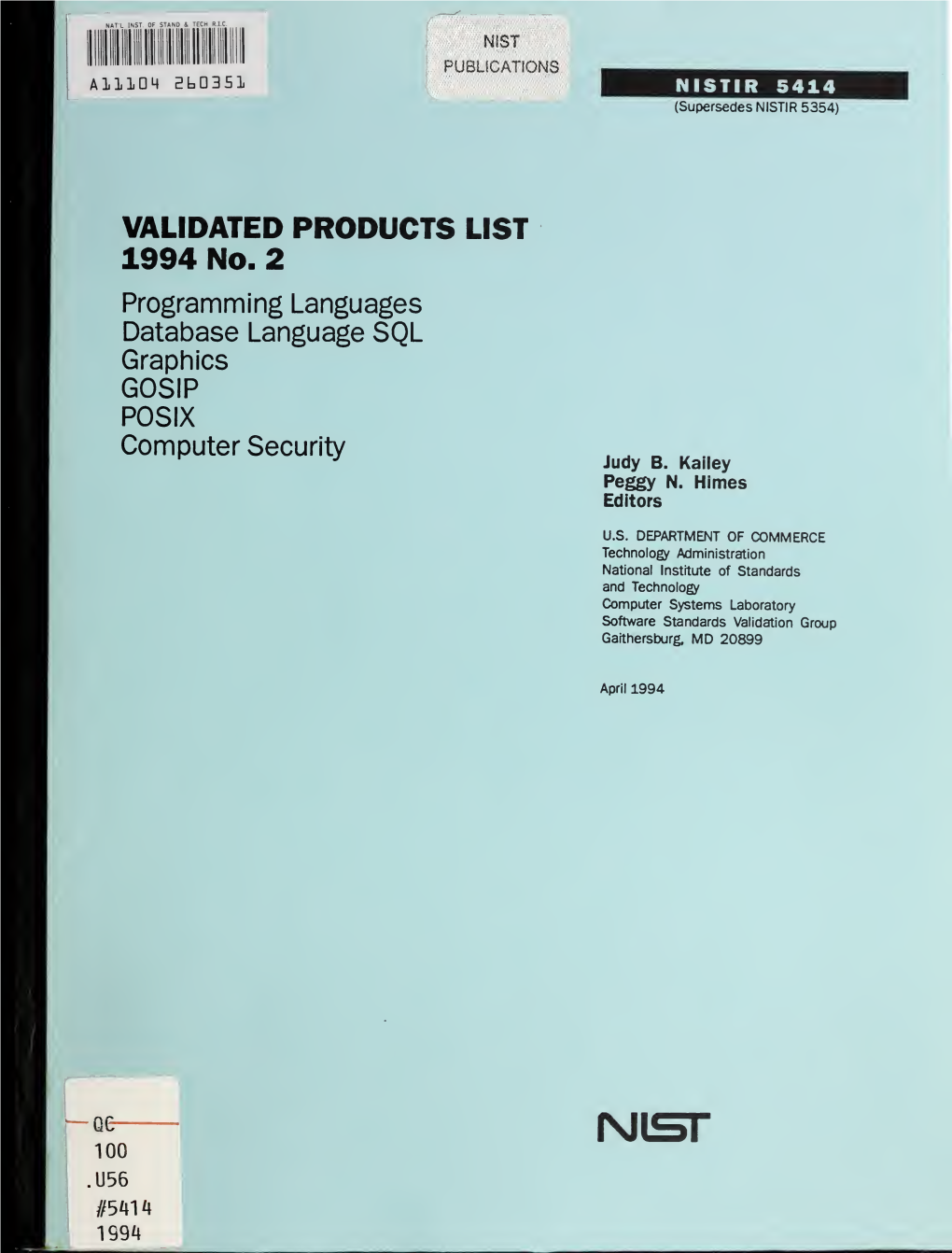 Validated Products List, 1994 No. 2: Programming Languages, Database