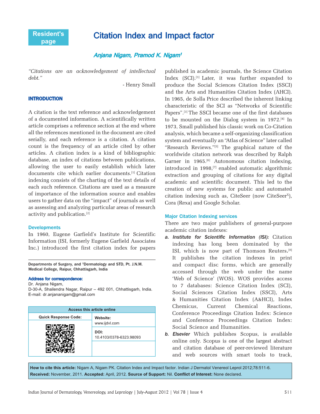 Citation Index and Impact Factor Page