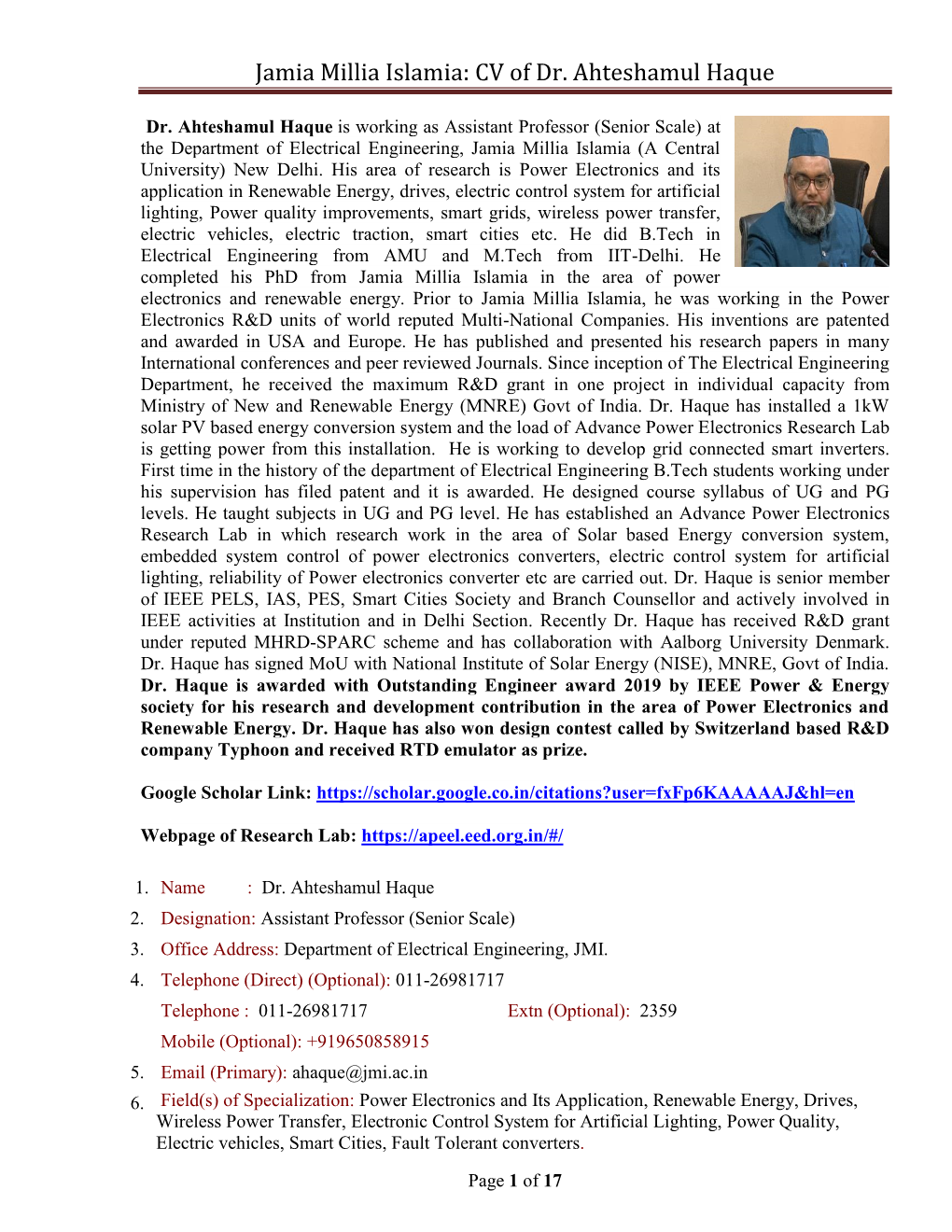 CV of Dr. Ahteshamul Haque