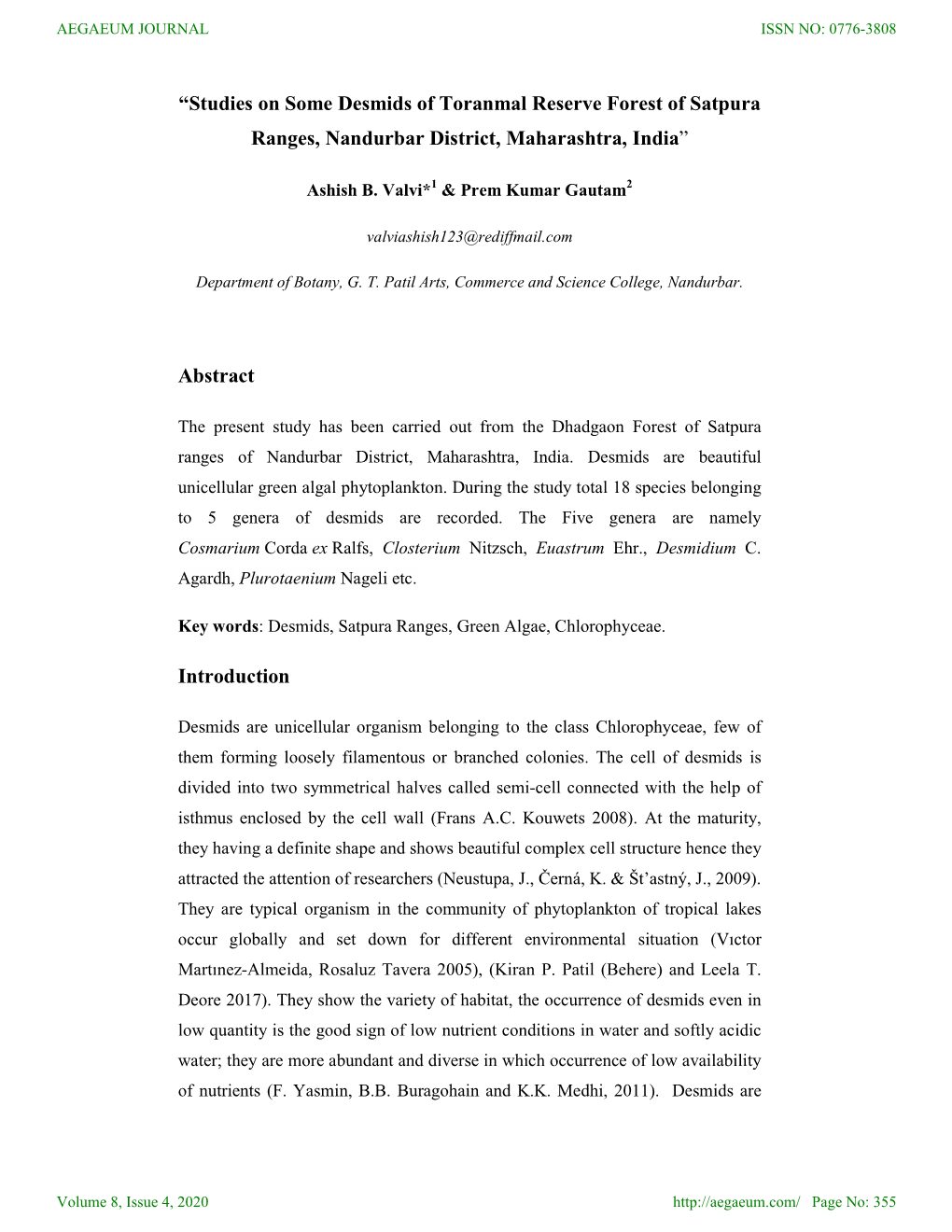 Studies on Some Desmids of Toranmal Reserve Forest of Satpura Ranges, Nandurbar District, Maharashtra, India”