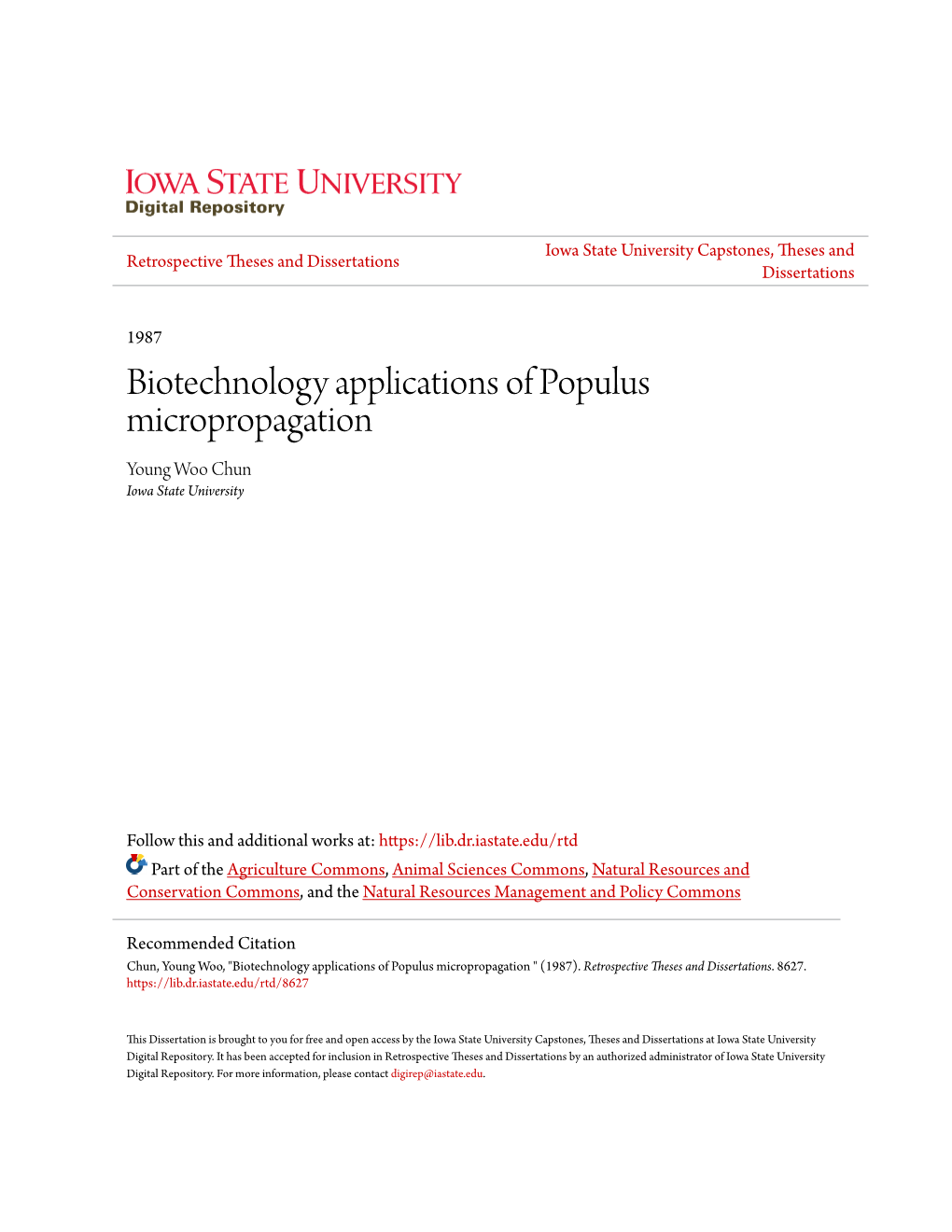 Biotechnology Applications of Populus Micropropagation Young Woo Chun Iowa State University