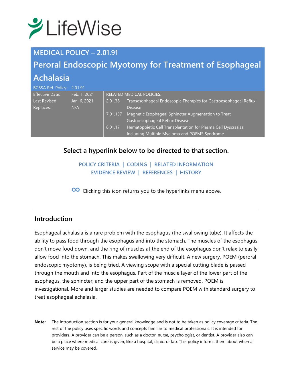 2.01.91 Peroral Endoscopic Myotomy for Treatment of Esophageal Achalasia BCBSA Ref