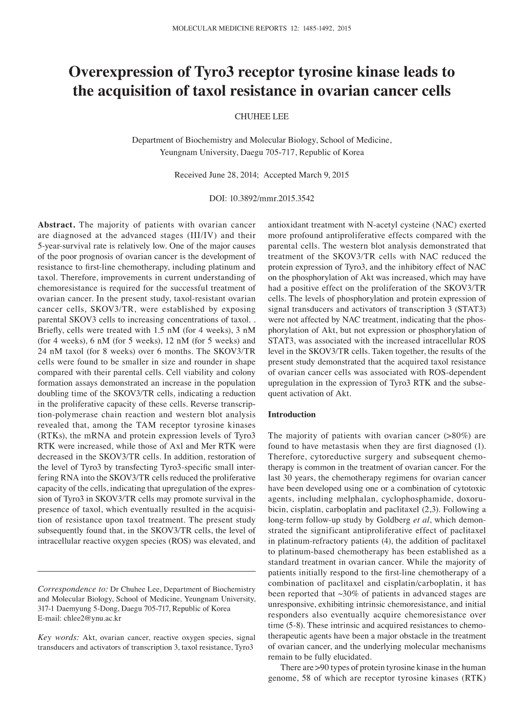 Overexpression of Tyro3 Receptor Tyrosine Kinase Leads to the Acquisition of Taxol Resistance in Ovarian Cancer Cells